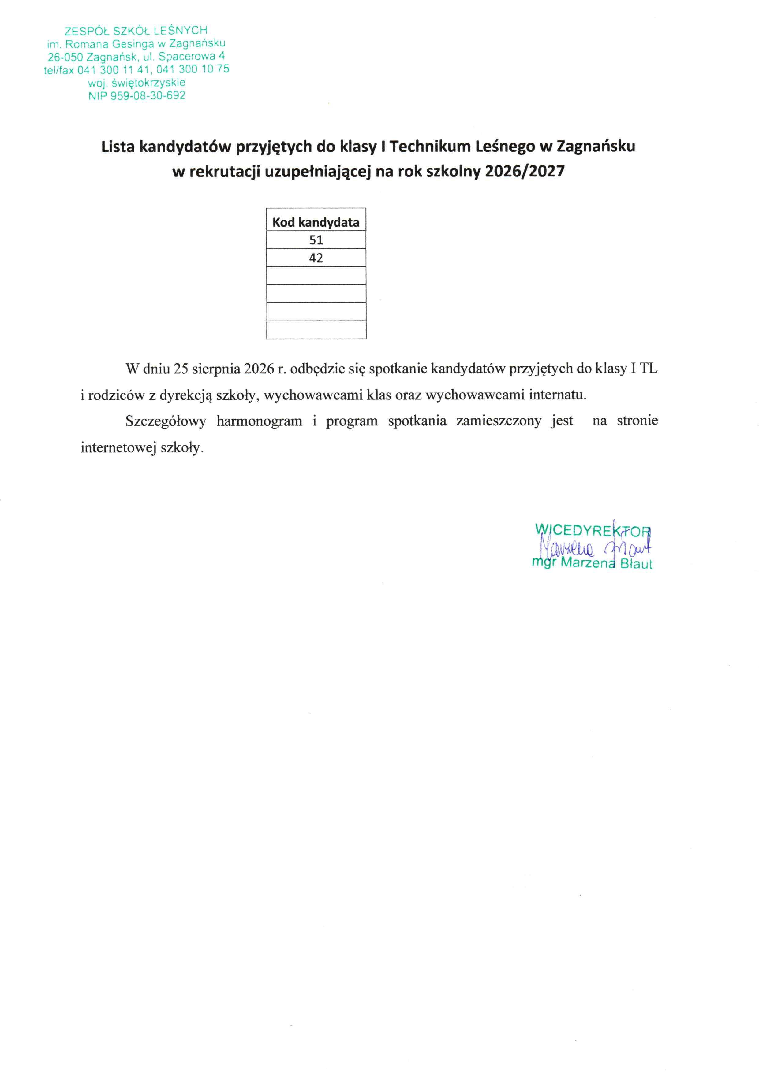 Lista kandydatów przyjętych do klasy I Technikum Leśnego w Zagnańsku w rekrutacji uzupełniającej na rok szkolny 2026/27  