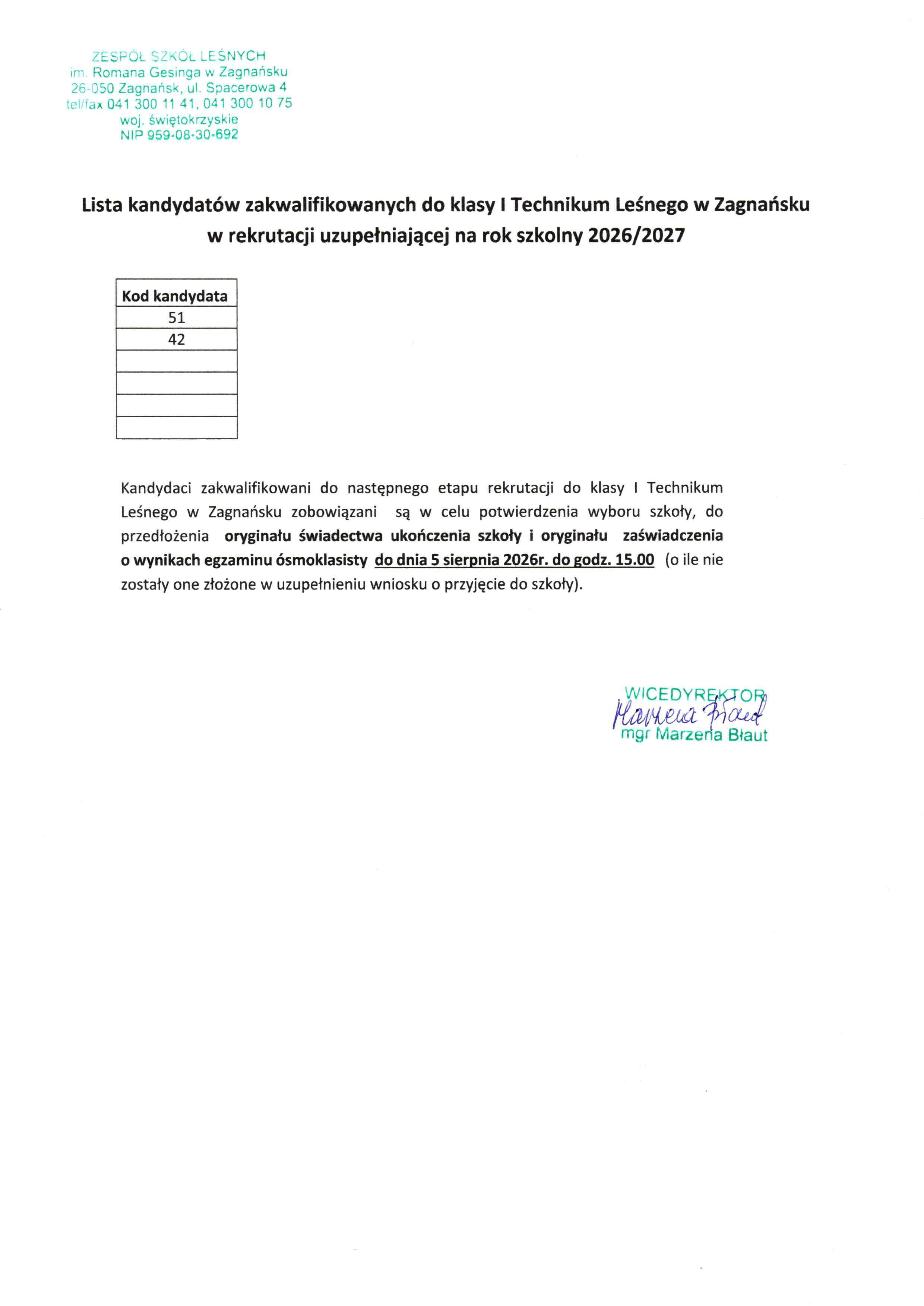 Lista kandydatów zakwalifikowanych do klasy I Technikum Leśnego w Zagnańsku w rekrutacji uzupełniającej na rok szkolny 2026/27